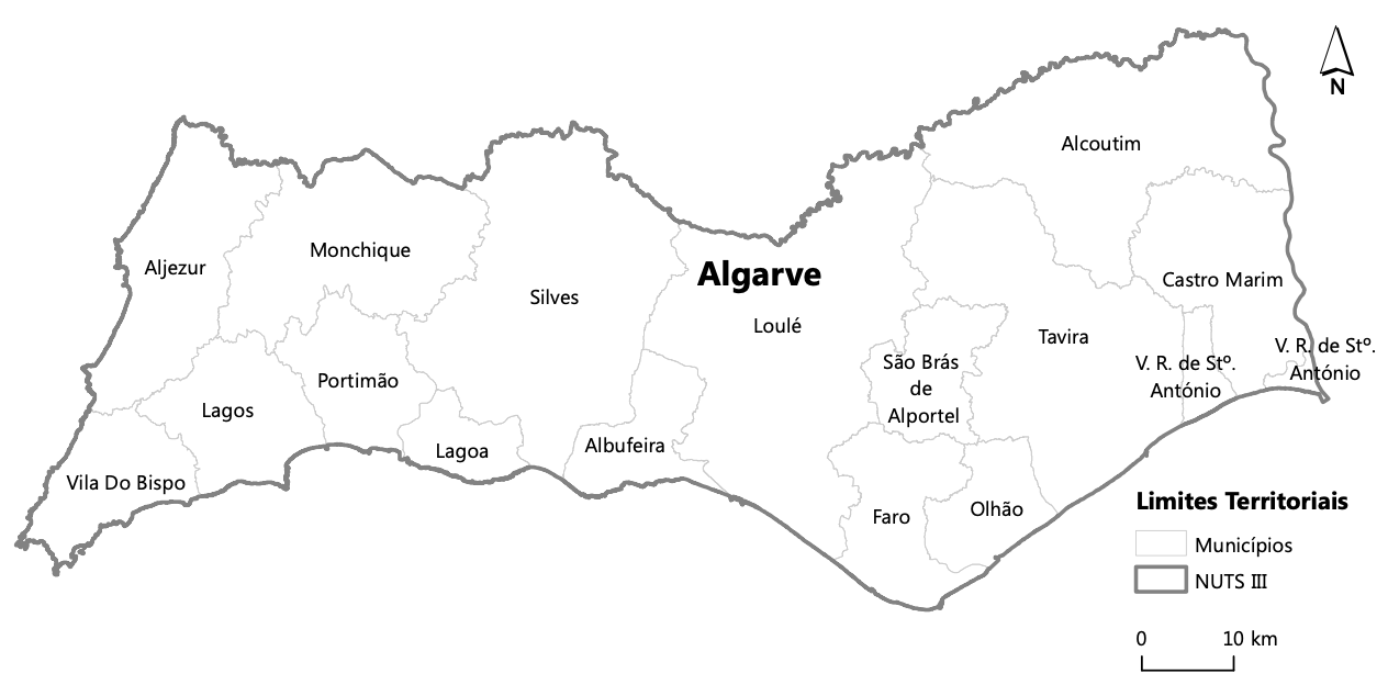 Mapa dos municípios formadores da região Algarve, destino