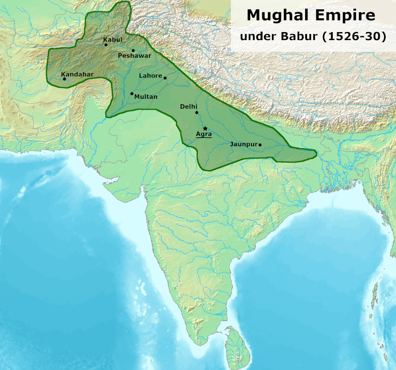 Map of the Indian subcontinent showing the areas under the control of the Mughal Emperor Babur. Details in text.