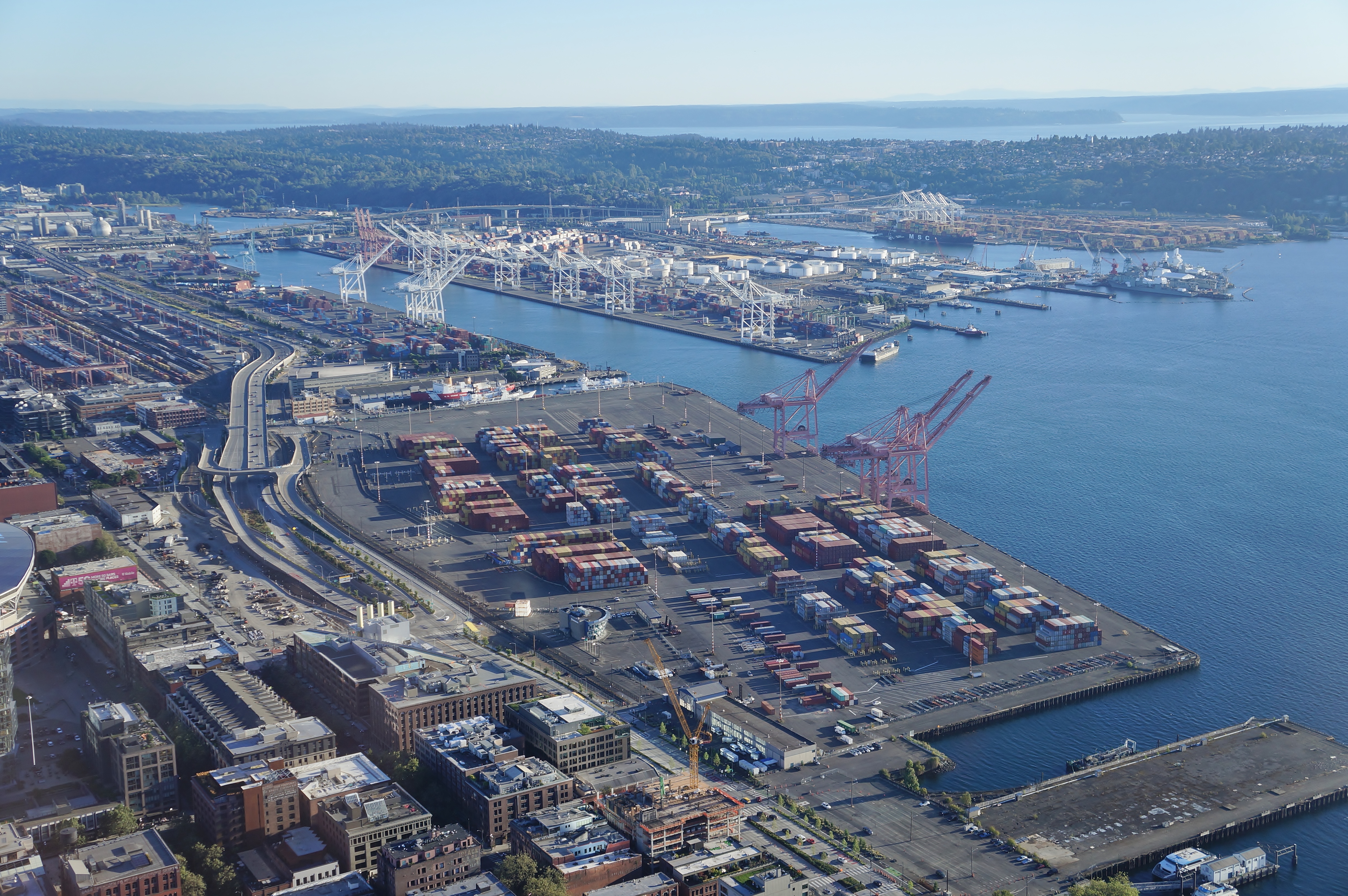 Aerial view of the Seattle harbor, 2022, showing numerous container terminals operated by the Port of Seattle