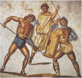 Juvenal thought the retiarius (left), a gladiator who fought with face and flesh exposed, was effeminate and prone to sexual deviance[534]