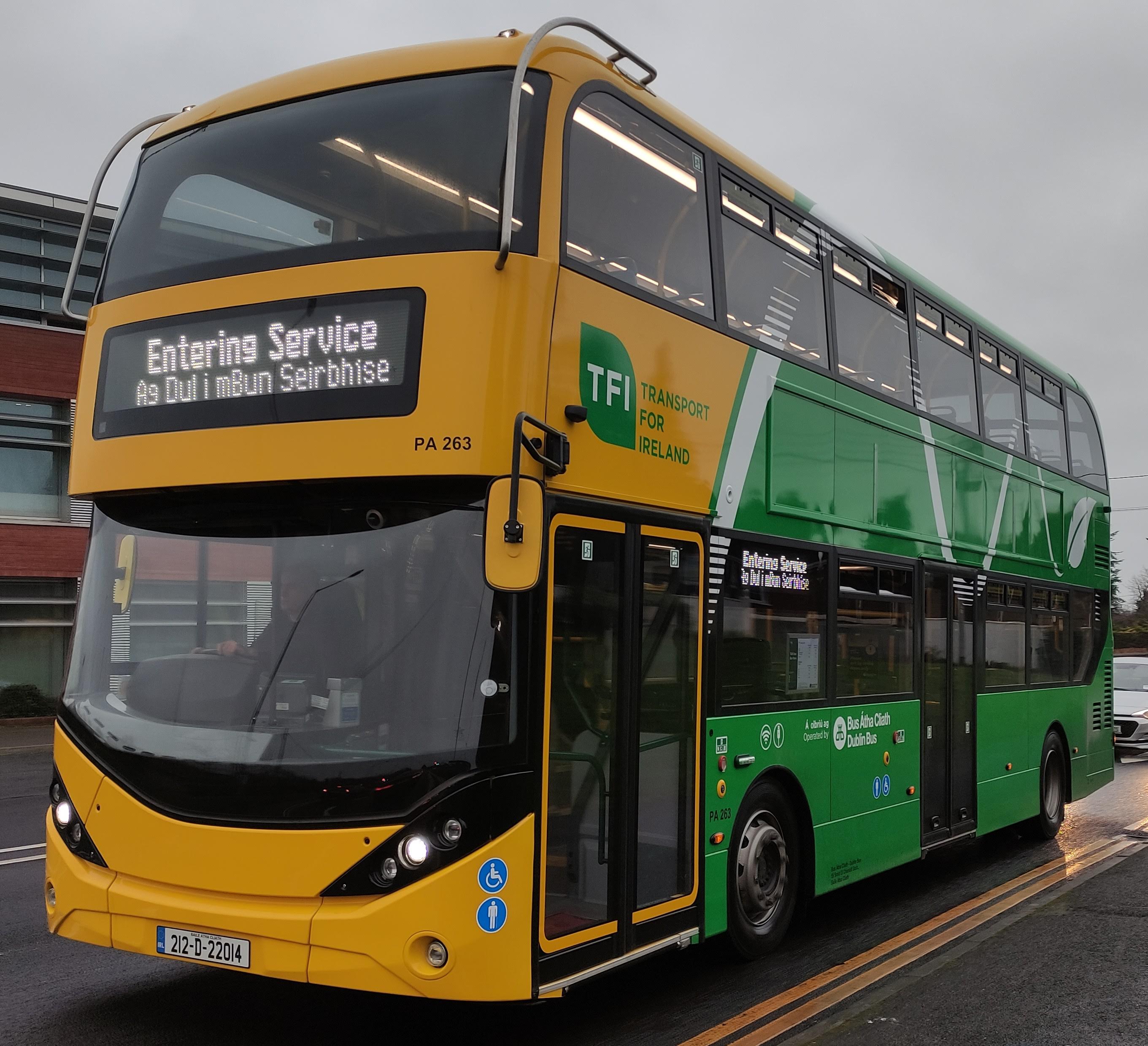 [[Alexander Dennis Enviro400ER]] [[Hybrid Vehicle|Hybrid]] with current [[Transport for Ireland]] branding