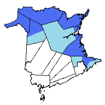 Approximate map of an Acadian province. In light blue, the areas of New Brunswick with a significant proportion of Francophones. In dark blue, the areas with a Francophone majority. Acadie prospective.png