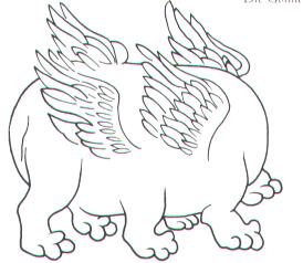 A headless creature with six legs and four feathered wings.