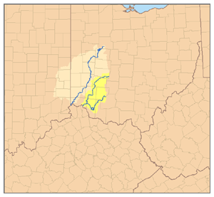 Watersheds of the Great Miami River (beige) and Little Miami River (yellow)
