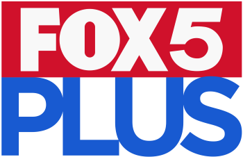 In a red box, the Fox 5 logo horizontally in white, with a blue lettering "PLUS", tightly kerned, below and outside of the box.
