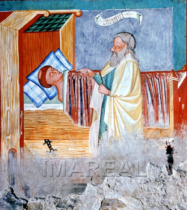 Явление во сне Гамалиила Лукиану. Фреска 1400 - 1410 годы; Morter ; Italien ; Südtirol.