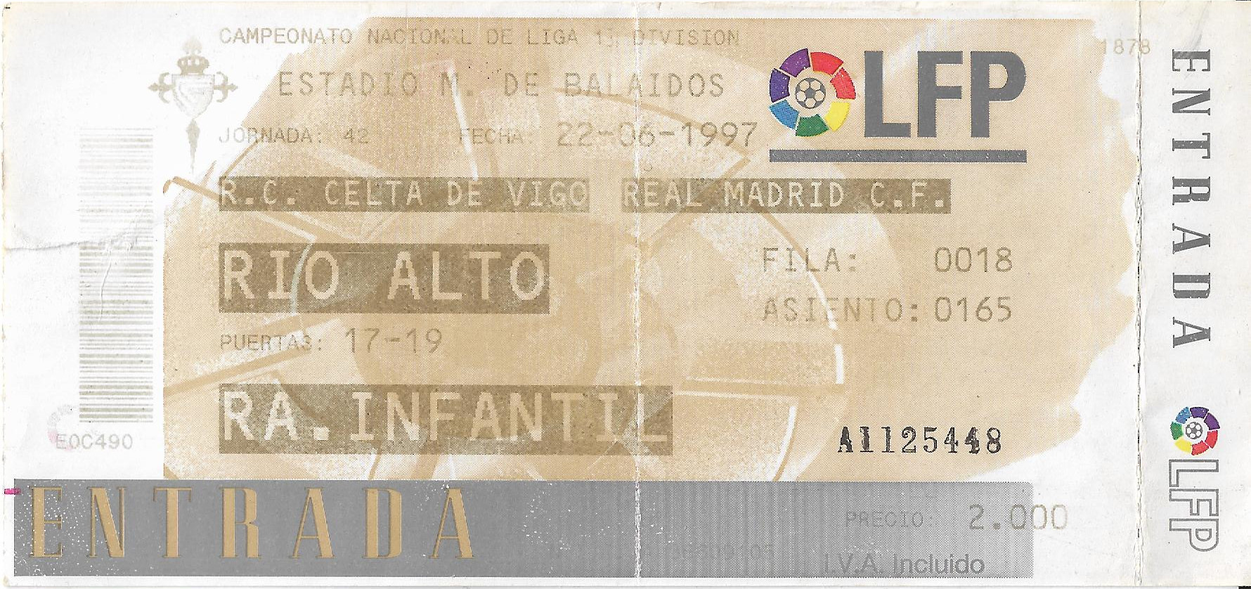 Entrada Celta - Real Madrid, primeira división, Balaídos, 22-06-1997