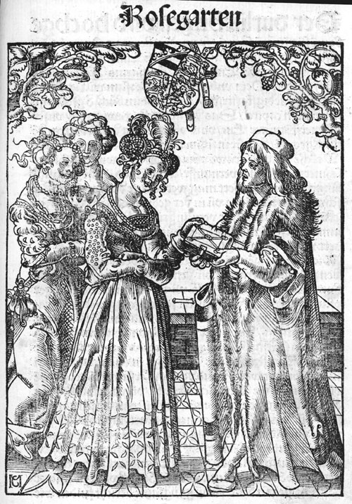 Eucharius Rösslin presents ''Der Rosengarten'' to [[Catherine of Pomerania-Wolgast