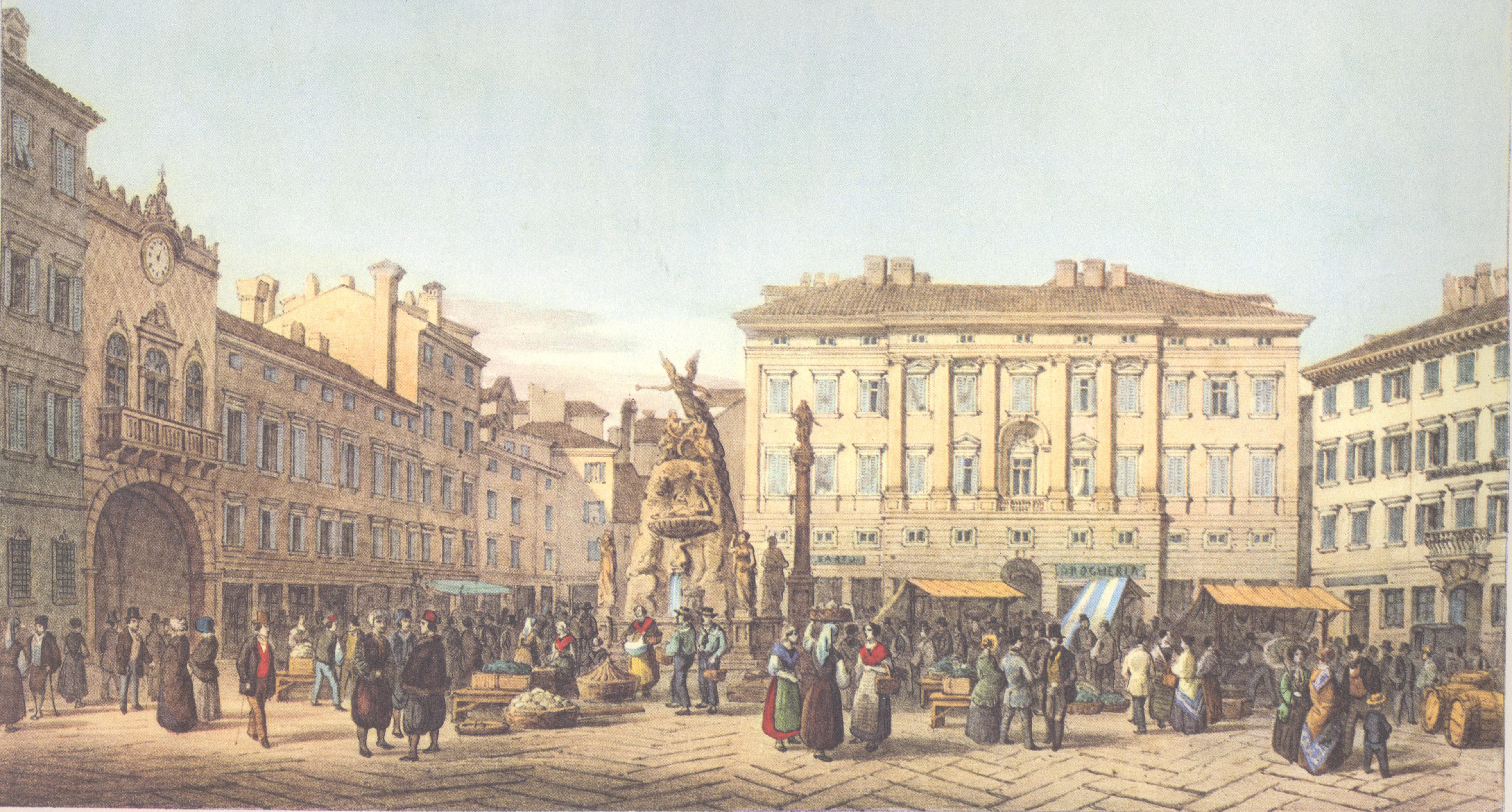 La ''Piazza Grande'' à Trieste, dessin de Marco Moro, 1854