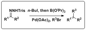 The Shapiro and Suzuki reactions are combined to yield a variety of alkene products. Shapiro-Suzuki reaction.jpg