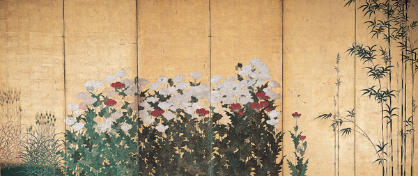 Screen of Grano, papaveri e bambù di Kanō Shigenobu