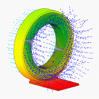 This 120 mm diameter vapor chamber (heat spreader) heat sink design thermal animation was created using high-resolution CFD analysis and shows temperature contoured heat sink surface and fluid flow trajectories predicted using a CFD analysis package.