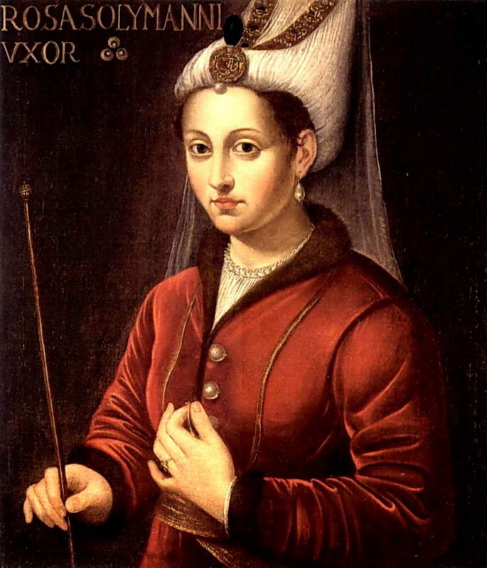 A portrait of a young woman in Turkish Ottoman dress of the 16th century, with the words Rosa Solymanni written in the top left corner