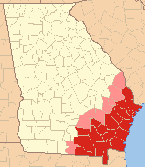 The counties shown in red are wholly located within Georgia's Bald Coastal Plain, while only portions of the salmon-colored counties are within the subregion.