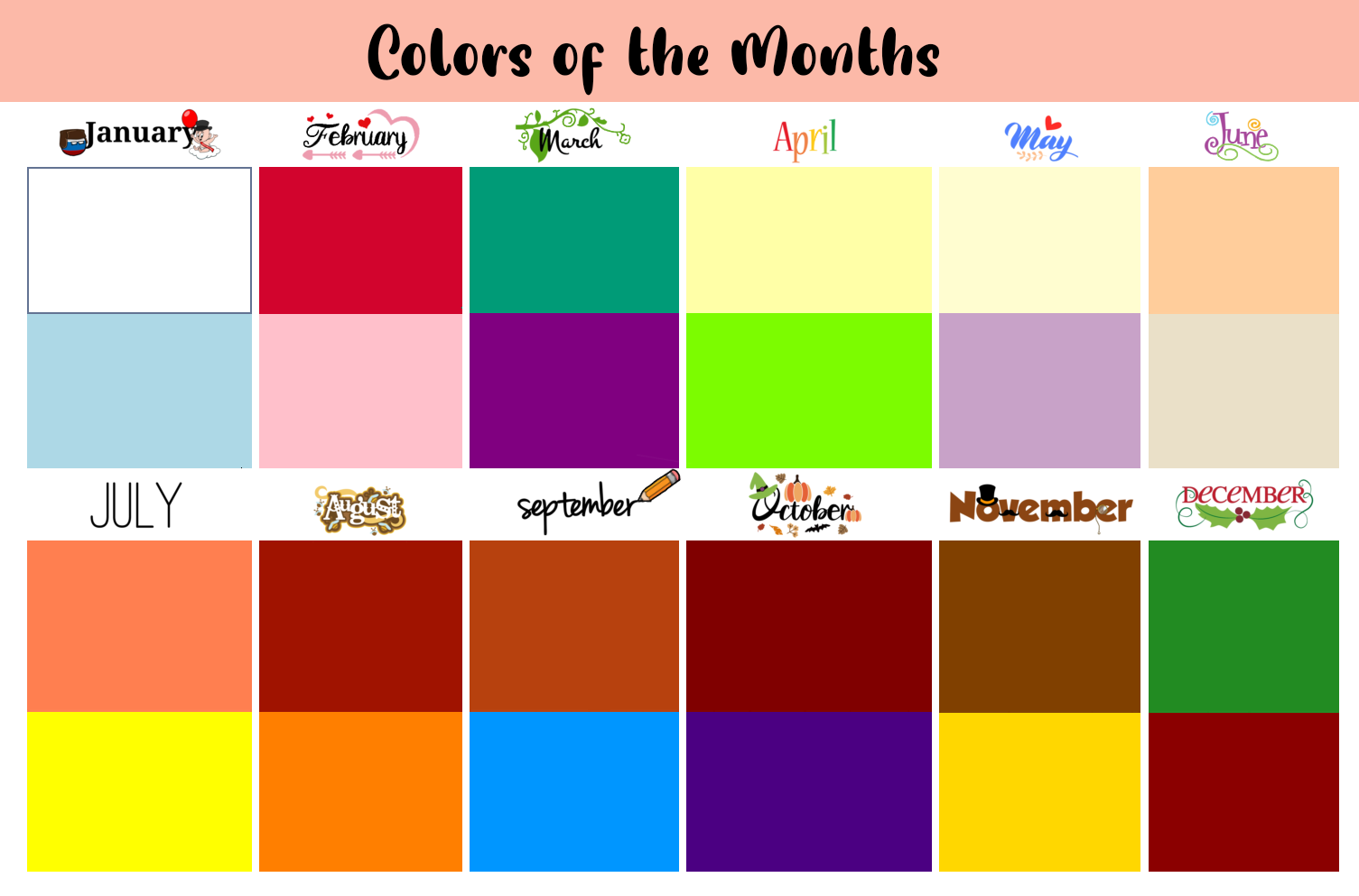 Месяца и их цвета. Цвета месяцев. Какого цвета месяц. Monthly Colors. Какого цвета четверг