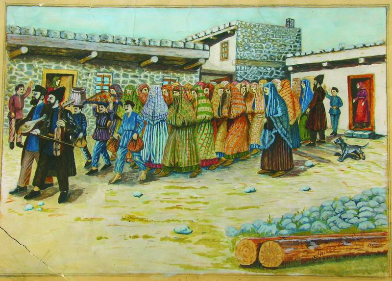 Shalom Koboshvili. Taking the bride to the bath house (Mikveh). watercolor on paper. 31.5 × 41.5cm. 1939.jpg