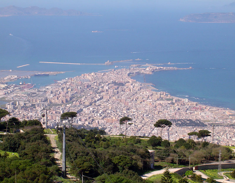 Trapani seen from Erice. The islands of Favignana (left) and Levanzo (right) can be seen in the background.