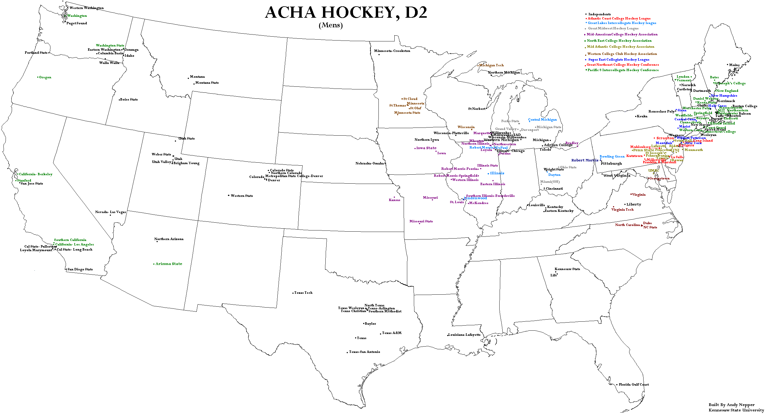 ACHA College Hockey Teams Map & List