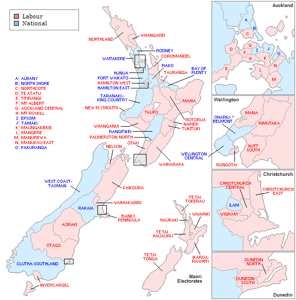 Highest polling party in each electorate. New Zealand Party Vote, 1999.png