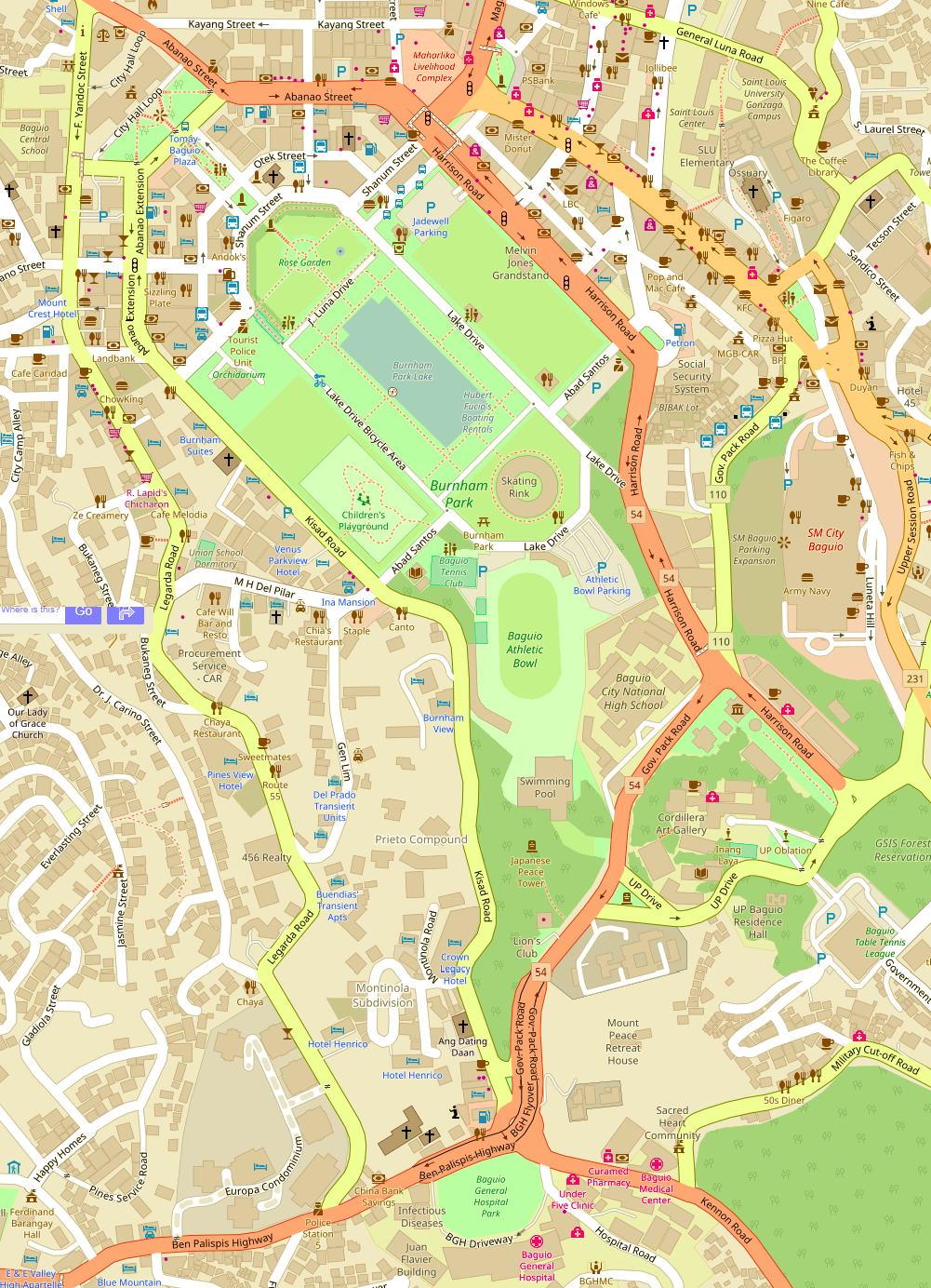 Map Of Baguio City With Streets File:Baguio Burnham Park Open Street Map.png   Wikimedia Commons