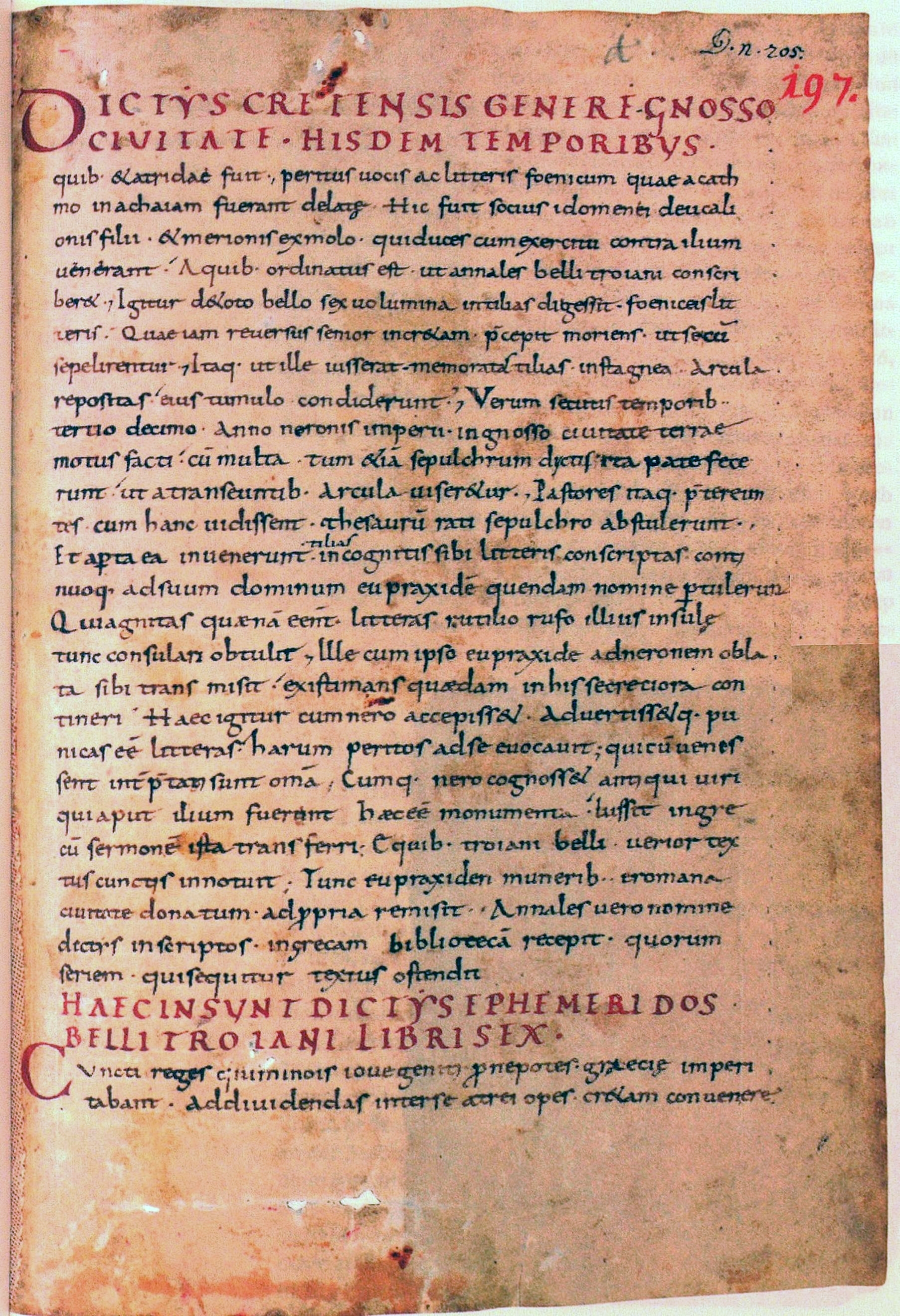 Der Anfang der ''Ephemeris belli Troiani'' in der Handschrift St. Gallen, Stiftsbibliothek, Cod. Sang. 197, Seite 1 (spätes 9. Jahrhundert)