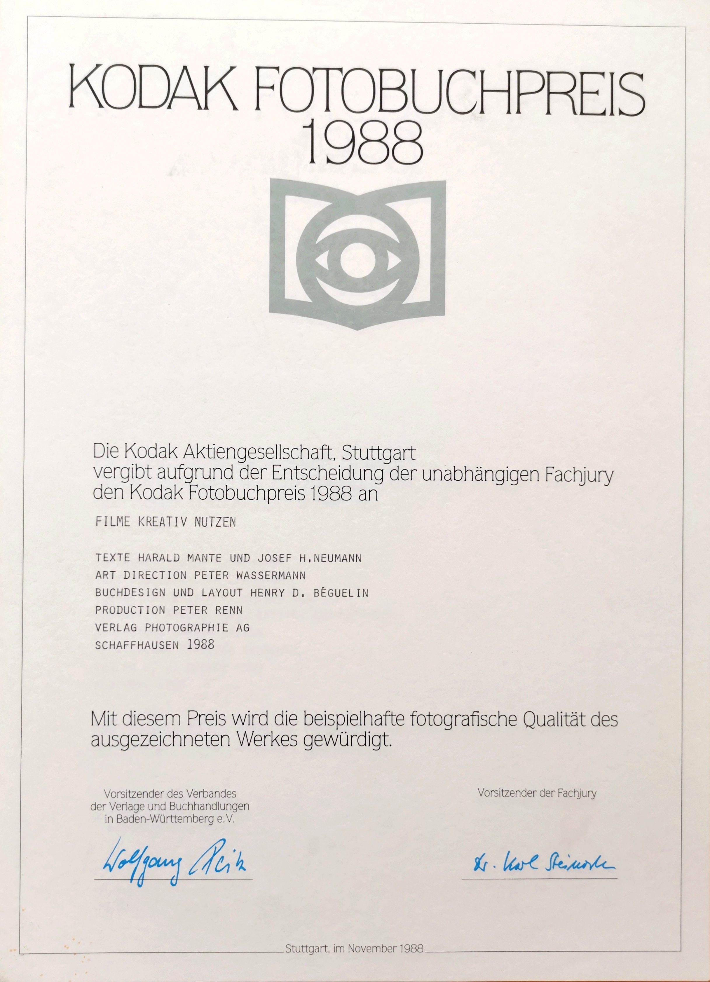  KODAK Fotobuchpreis 1988 PHOTOGRAPHIE *Filme kreativ nutzen*