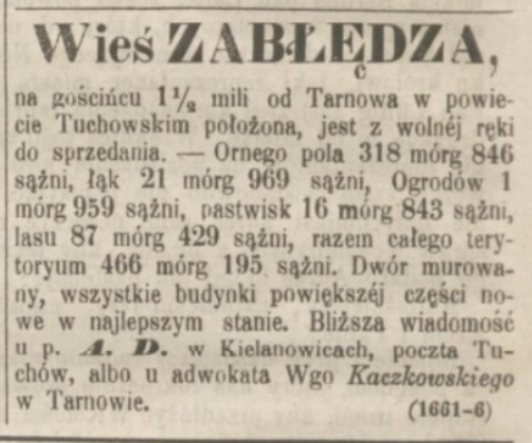 File:Ogłoszenie o sprzedaży wsi Zabłędza (powiat Tuchów) z 1863.jpg