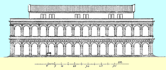 Reconstructive drawing of the facade of Basilica Emilia in the Augustean Era, viewed from the Roman Forum, 1905.