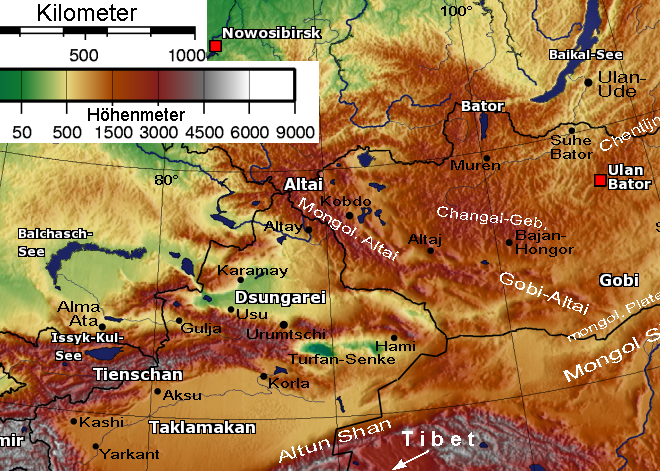 Lake Ebinur (unlabeled) lies in the west of the Dzungarian basin, to the left of the letter "D" in "Dsungarei", within which it would fit. The larger Lake Alakol (also unlabeled) lies to its northwest, over the border in Kazakhstan. The valley of the Dzungarian Gate (yellow, given its elevation) runs from northwest to southeast through the mountain range that lies between the two lakes.
