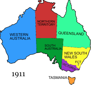 On January 1 1911 the Federal Capital Territory is created within New South Wales. On the same day the northern half of South Australia is ceded to the Commonwealth as the Northern Territory. On July 12 1915 a small portion of New South Wales is ceded to the FCT.