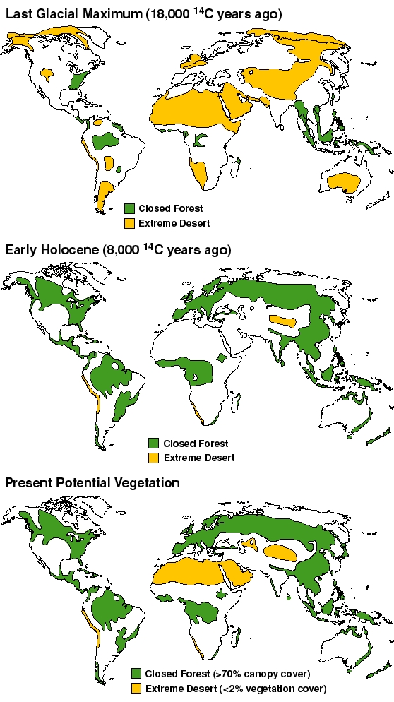 Top: Arid ice age climateMiddle: Atlantic Period, warm and wetBottom: Potential vegetation in climate now if not for human effects like agriculture.[99]