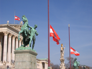 The Austrian flag flying at half-staff before the Austrian Parliament Building due to the death of Klestil on 7 July 2004