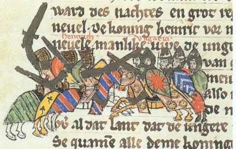 Henry the Fowler fights against the Hungarians, (Sächsische Weltchronik, 1270)