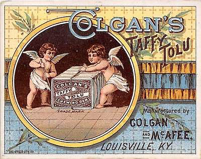 An image of a Colgan\u0027s Taffy Tolu Chewing Gum chromolithograph advertisement circa 1910