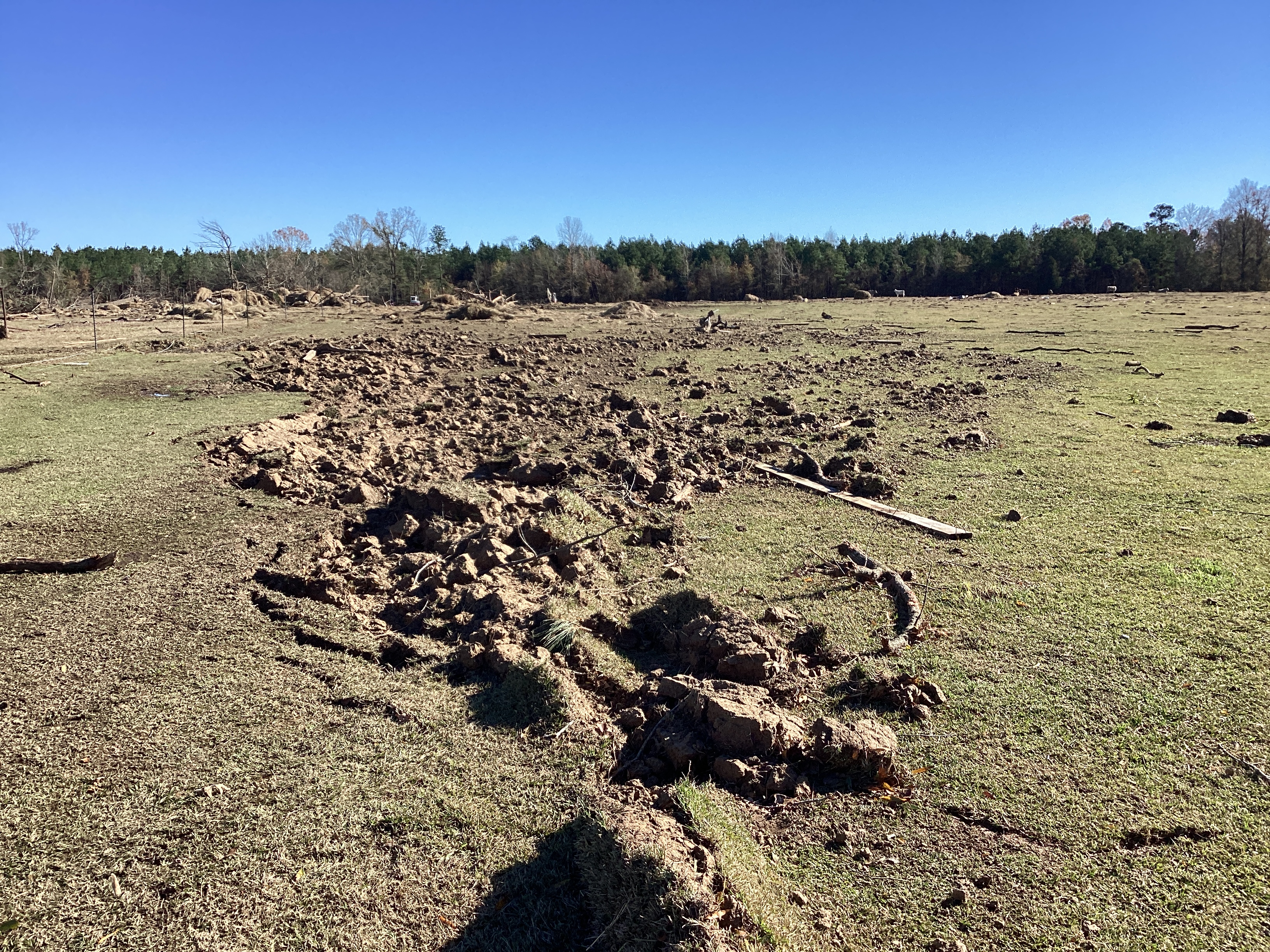 Ground scouring caused by an EF3 tornado south of Clarks, Louisiana