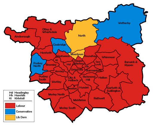 Map of the results for the 1996 Leeds council election. (Horsforth Requires recolouring) Leeds UK local election 1996 map.png