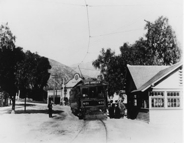 Sierra Madre c. 1908 with PE line Depot and the Hotel Shirley in background