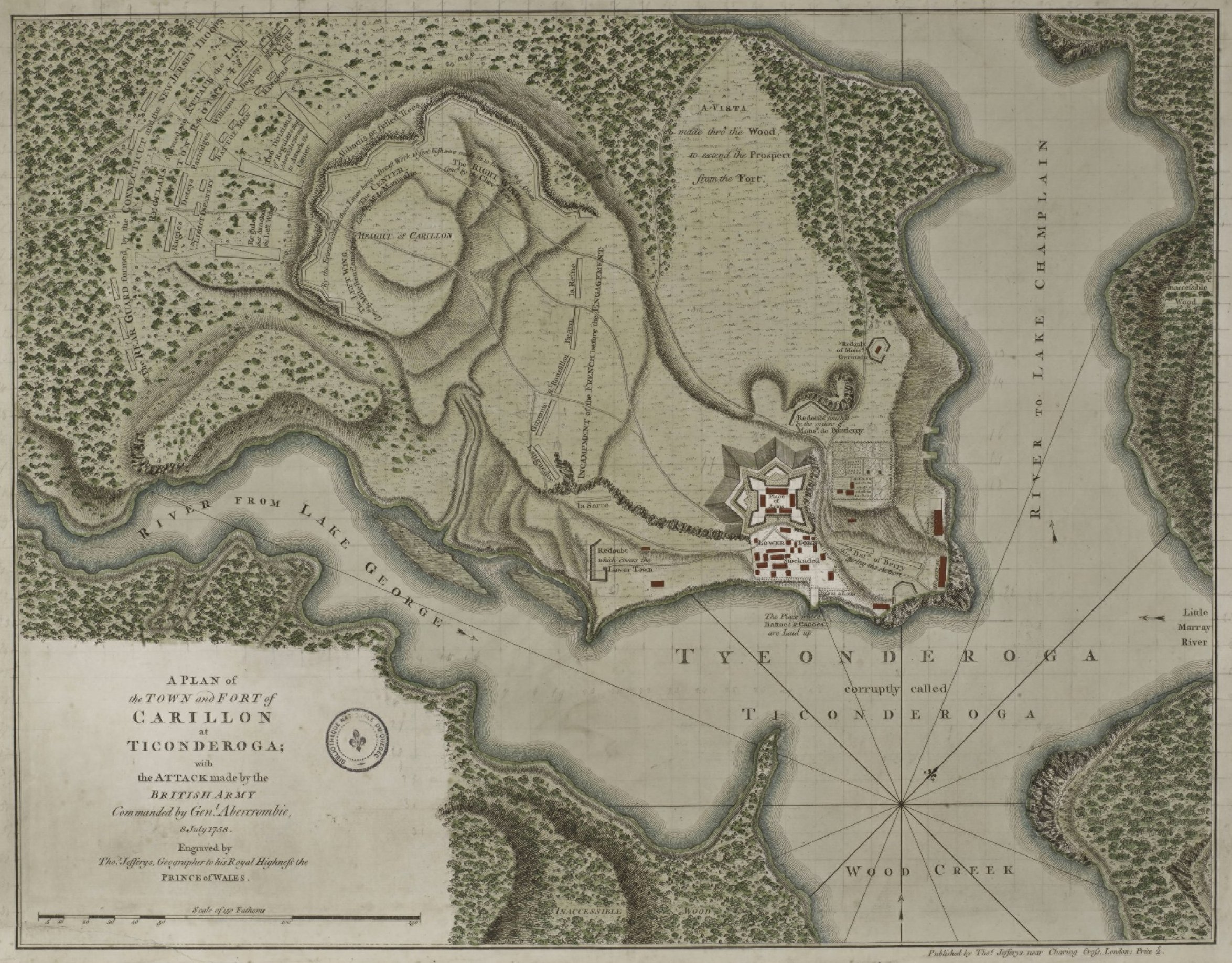 This is a period map showing the forces arrayed at the Battle of Carillon  at Fort Ticonderoga (then known as Fort Carillon) in 1758. It is captioned  A Plan of the Town