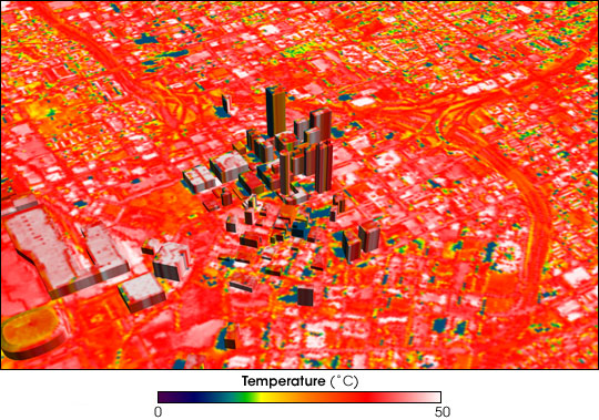 Illustration of urban heat exposure via a temperature distribution map: blue shows cool temperatures, red warm, and white hot areas.