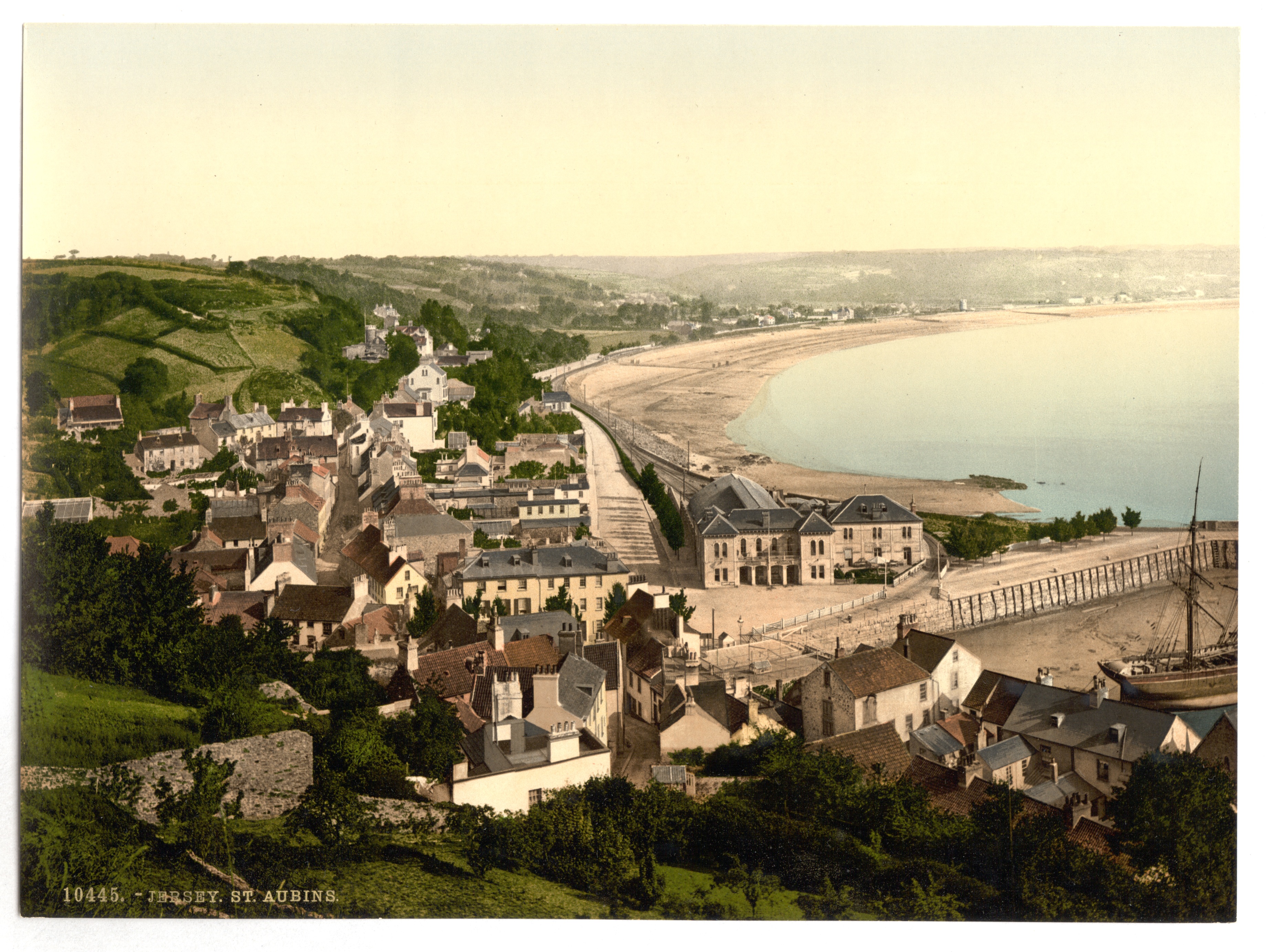 St. Aubin in 1890. The railway is visible just above the beach. La Haule Slip is the first one, just before the clearing.