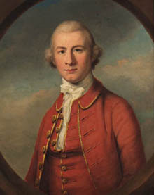 A painting of John André in a red uniform, facing the viewer.