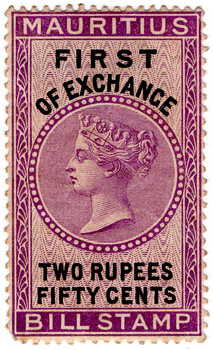 An 1890 2r50c bill stamp of Mauritius. Mauritius 1890 revenue stamp.jpg