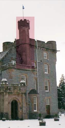Turret (highlighted in red) attached to a tower on a baronial building in Scotland
