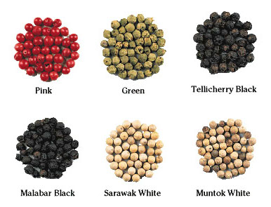 Six variants of peppercorns (two types of white and two types of black, based on region)