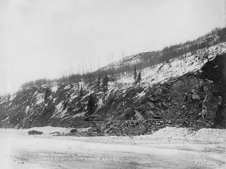 File:Work on grade near rocky hillside at Mile 32 on Matanuska branch line of the Alaska Railroad, Alaska, February 1917 (AL+CA 5412).jpg