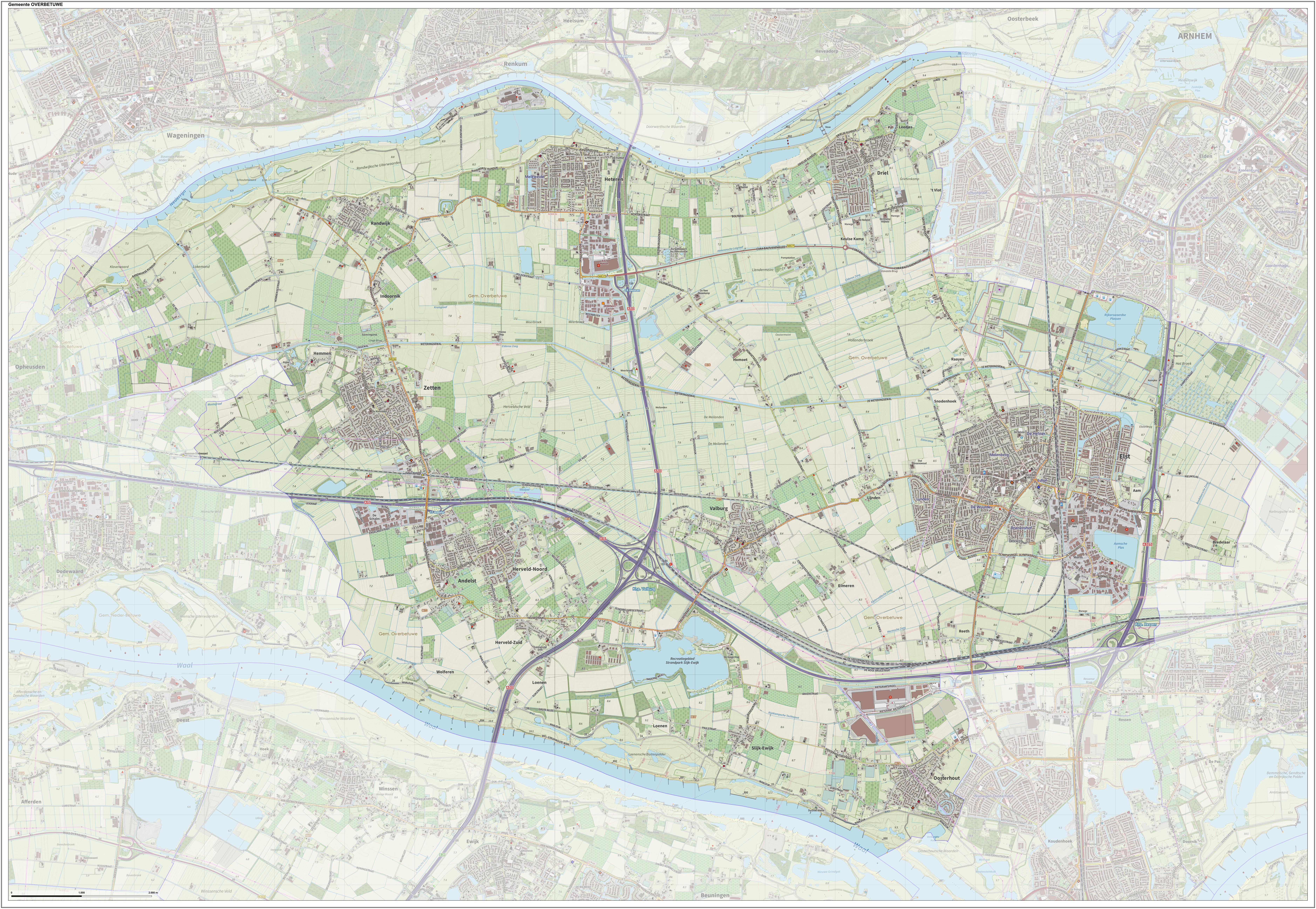 Dutch Topographic map of the municipality of Overbetuwe, June 2015