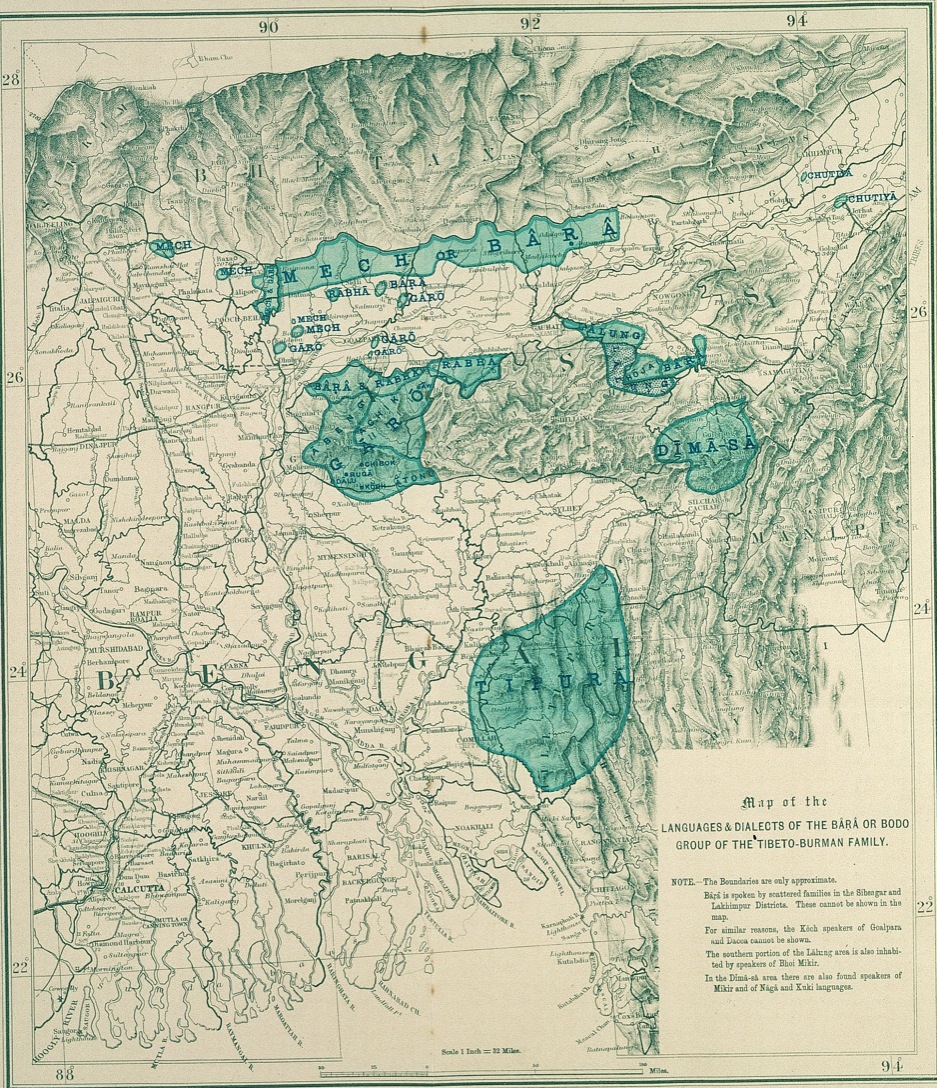 Bodoland is Mech or Bârâ region of North bank, as reported in the Language Survey of India 1903