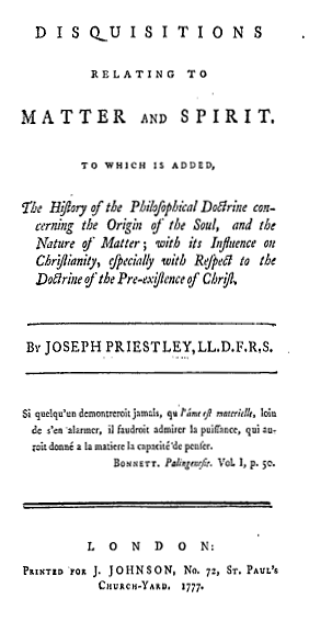 Title page from the first edition of Disquisitions relating to Matter and Spirit (1777) PriestleyMatterSpirit.png