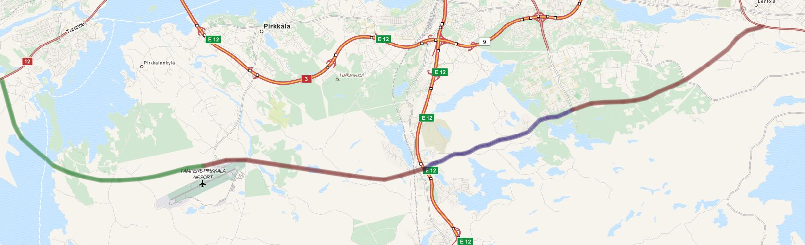 Epävirallinen hahmotelma mahdollisen toisen kehätien reitistä. Sininen osuus on nyt jo olemassa kaksikaistaisena tienä, punainen tullaan todennäköisesti rakentamaan ensimmäisenä ja vihreän linjaus on kyseenalainen.