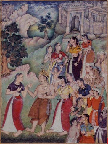 Gandhari, blindfolded, supporting Dhrtarashtra and following Kunti when Dhritarashtra became old and infirm and retired to the forest. A miniature painting from a 16th-century manuscript of part of the Razmnama, a Persian translation of the Mahabharata